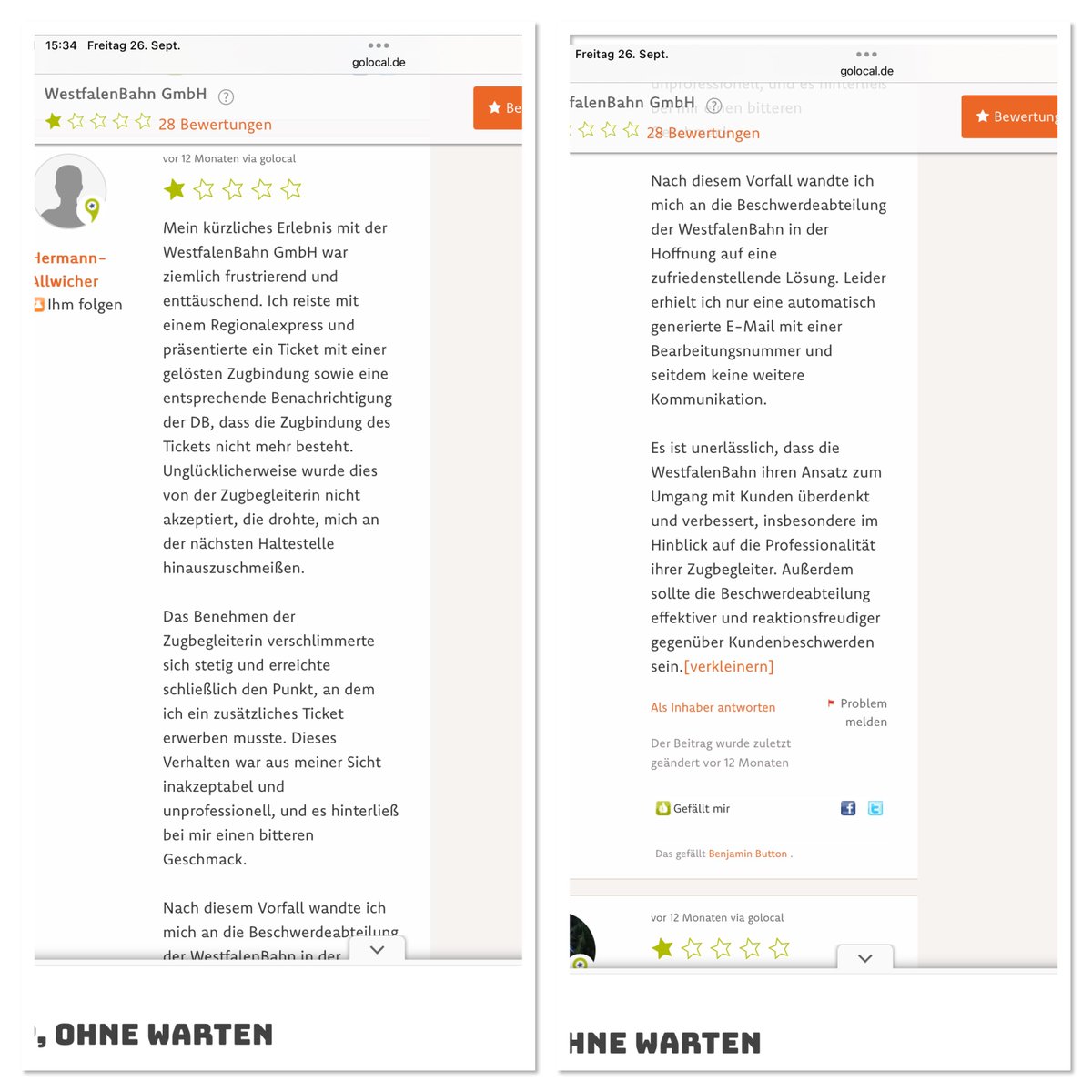 JoergSelan's tweet photo. Die Behauptung der Zugbegleiterin ist falsch! Sie hat mich mindestens 4 mal dazu aufgefordert den Koffer oben in die Gepäckablage zu hieven! Weder mein Rollator noch mein Behindertenausweis hat sie interessiert, sie hat meine Schwerbehinderung ganz einfach ignoriert. Selbst nachdem meine Frau den Koffer komplett aus dem Gang, neben sich in den Fußbereich, befördert hat, beharrte die Zugbegleiterin weiterhin darauf dass der Koffer in die Gepäckablage über uns gehöre!
Ich habe sowohl gegen die Zugbegleiterin, als auch die Westfalenbahn Strafanzeige gestellt.
Fahrgäste, die in der Vergangenheit ebenfalls Opfer von Schikanen der Westfalenbahn Zugbegleiter geworden sind, sollten sich aktuell dringend an die Bundespolizei Münster Stichwort "Strafanzeigen Jörg Selan" wenden. 
P.S. Nur wenige Tage später hat es wohl einen ähnlichen Vorfall gegeben.
