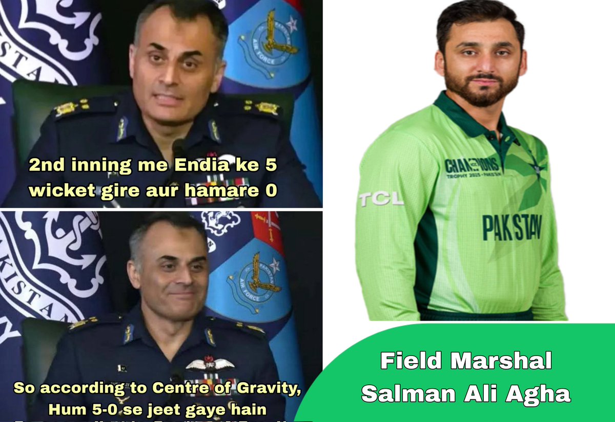 RealBababanaras's tweet photo. BREAKING : Pakistan Cricket Team Captain in #AsiaCupFinal Salman Ali Agha promoted to "Field Marshal" for defeating India with 5-0 as per "Lahori" analysis of victory.

#INDvsPAK #PAKvsIND #AsiaCup https://t.co/wprohdeZYl