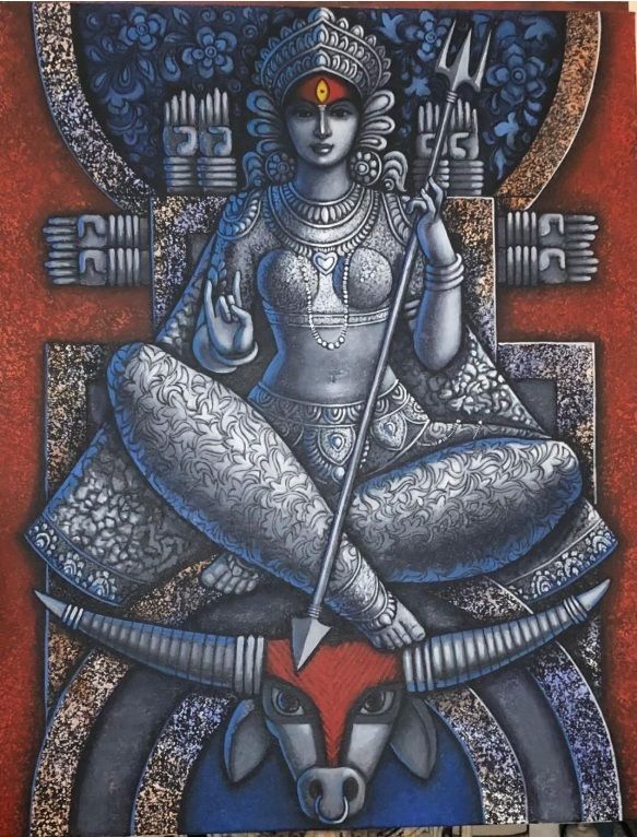 #Saptami 
The seventh day of #DurgaPuja marks the beginning of battle of #Durga over the demon Mahishasura. Devotees worship Maa Kalaratri, a fierce and protective form of Durga, known for shielding her followers from evil forces. 

#Kalighat #Patachitra #Madhusudansaha