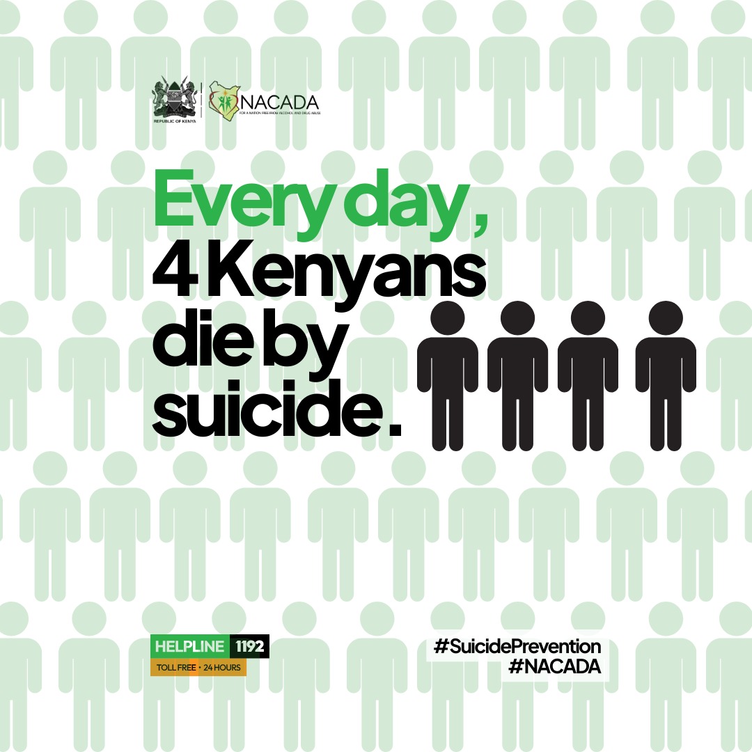 Every day, 4 lives are lost to suicide in Kenya.

Silence is not the answer. Awareness is. Action is. Hope is.

Let's fight this together. Let's talk, let's listen, let's prevent.

#SuicidePrevention #MentalHealthK