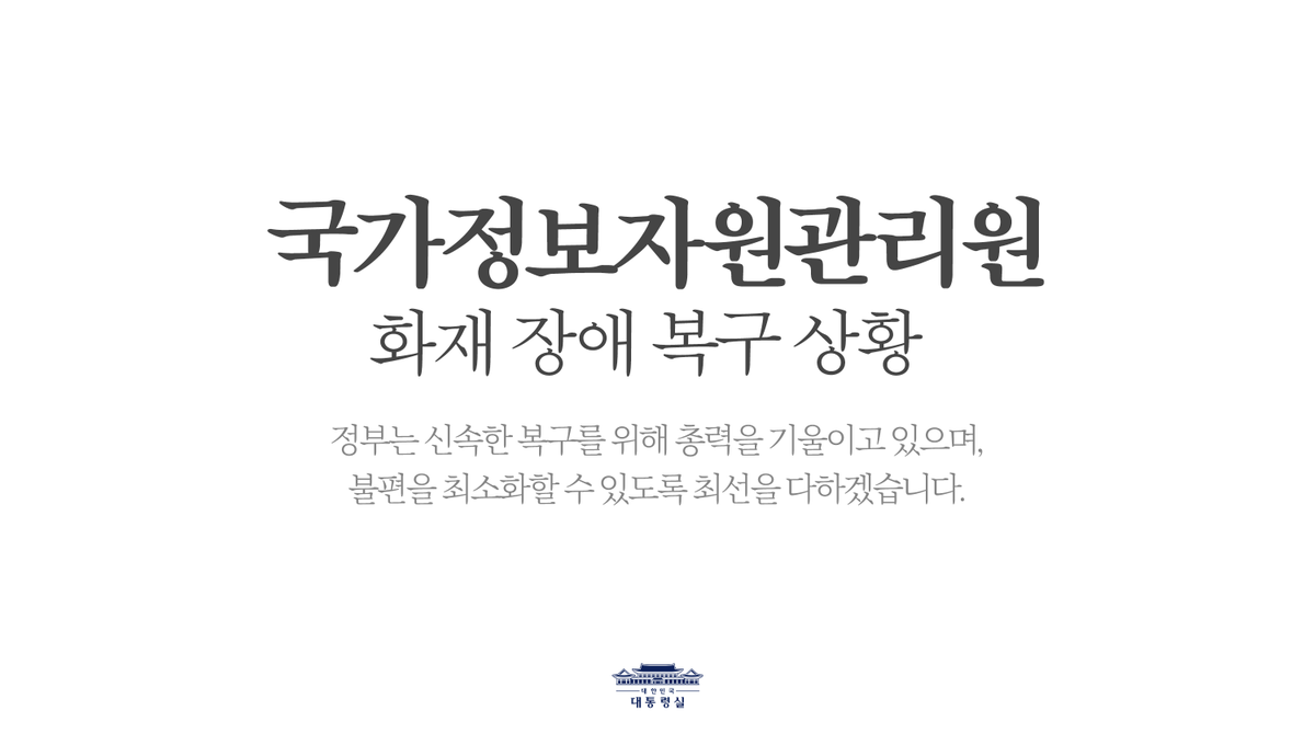 Jaemyung_Lee's tweet photo. <국가정보자원관리원 화재 장애 복구 상황 보고드립니다. (2025.09.29. 12:00 기준)>

- 62개 서비스 복구 완료

▶️ 복구 완료 서비스 목록 : https://t.co/IvYxqEcrC8 https://t.co/k1jndQhn5P