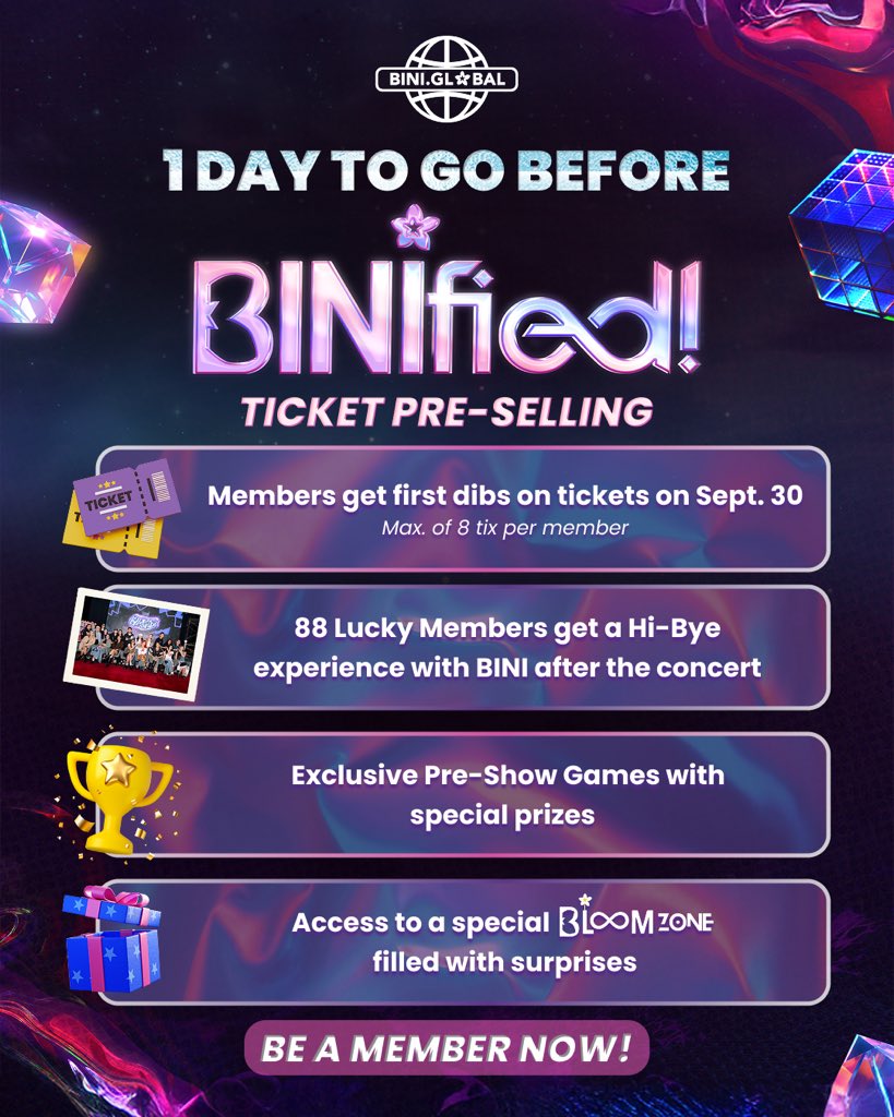 HANDA NA BA ANG 💖s for tomorrow’s Binified ticket pre-selling? Members get FIRST DIBS on tix 🎟️ … and 88 LUCKY BLOOMS get a special Hi-Bye session with BINI! KILIG! 🌸 

The exclusive members presale will only be available to Bini Global Members who completed their subscription