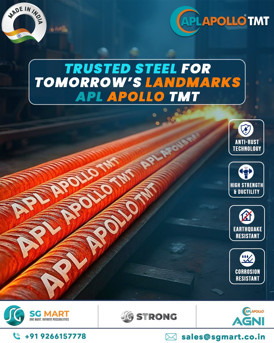 sgmart_official's tweet image. 🏗️ Building tomorrow with India’s No.1 TMT – APL Apollo TMT 💪
✔️ Anti-Rust | ✔️ Earthquake Resistant | ✔️ High Strength
🌐 aplapollosgtmt.com | 📞 9266157778
#IndiasNo1TMT #APLAPOLLOTMT #TrustedSteel #MadeInIndia #INDvsPAK #MaaMahagauri #SuryakumarYadav