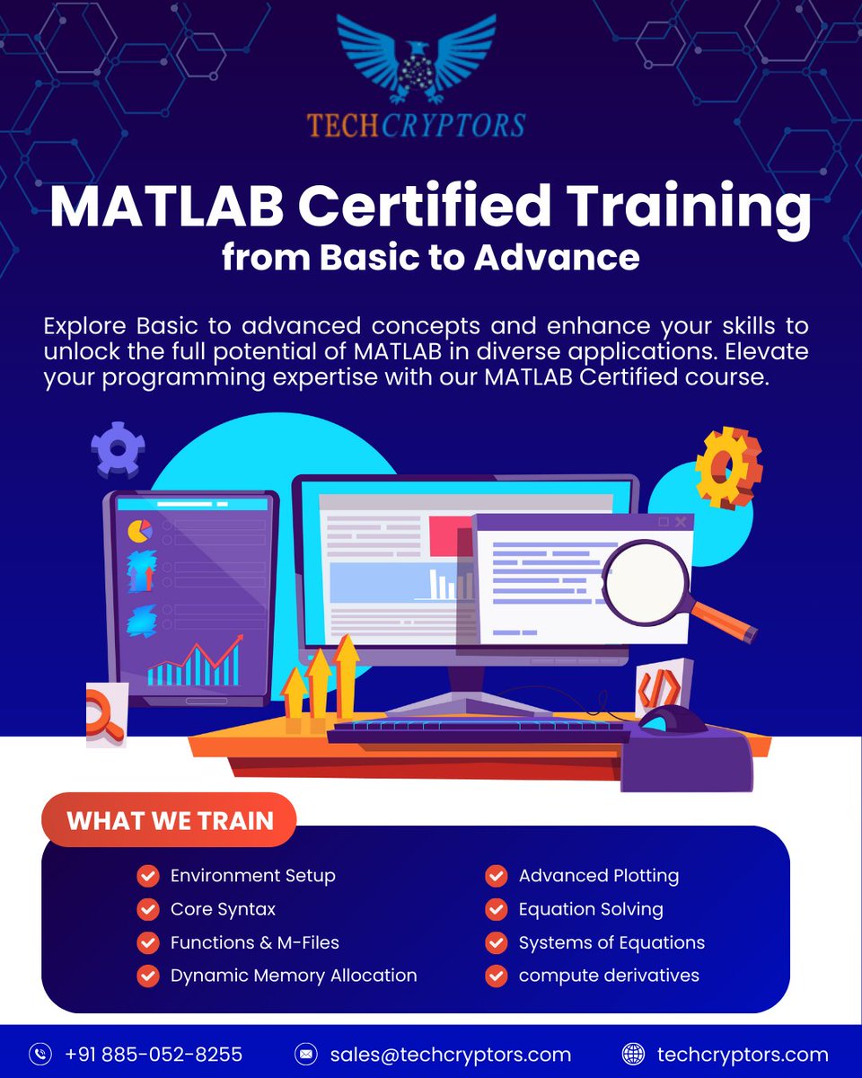 TechCryptors's tweet image. Ready to master MATLAB?🚀
📞wa.me/918850528255
📩sales@techcryptors.com
🌐techcryptors.com
#MATLAB #MATLABTraining #MATLABCertified #DataScience #Engineering #AdvancedPlotting #DataAnalysis #MachineLearning #DeepLearning #SoftwareDevelopment #LearnToCode #TechCryptors
