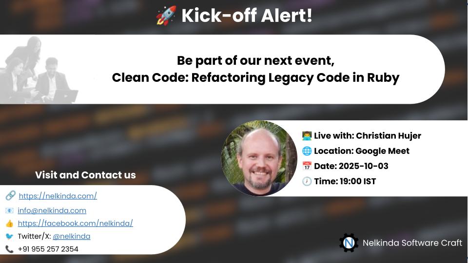 codejourney_'s tweet image. 🚀 We’re kicking off September with a learning boost!
Join @ChristianHujer for Clean Code: Refactoring Legacy Code in Ruby
🗓 3 Oct | 🕖 19:00 IST | 📍 Google Meet
🎟 Register anytime:
👉 Triffuns: triffuns.com/events/d9f9c93…
👉 Meetup: meetup.com/meetup-group-n…
#CleanCode #Ruby