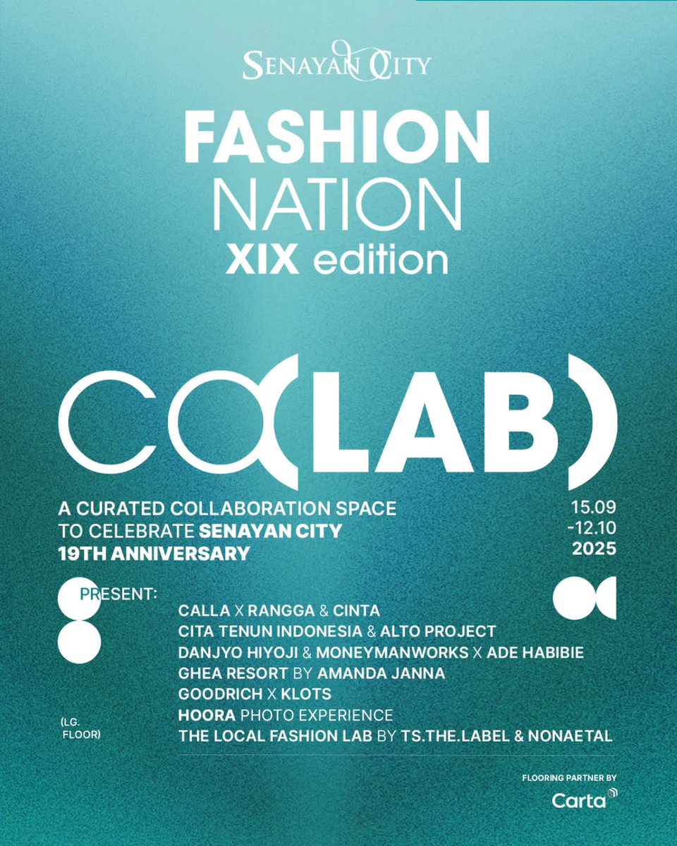 senayancity's tweet image. A Celebration of Collaboration
Unveil the extraordinary at CO(LAB) — a curated space of fashion, art, and lifestyle to honor Senayan City’s 19th Anniversary.

Only from 15 Sept – 12 Oct 2025 at LG Floor, Senayan City

#COLAB #SenayanCity19th #FashionNation19