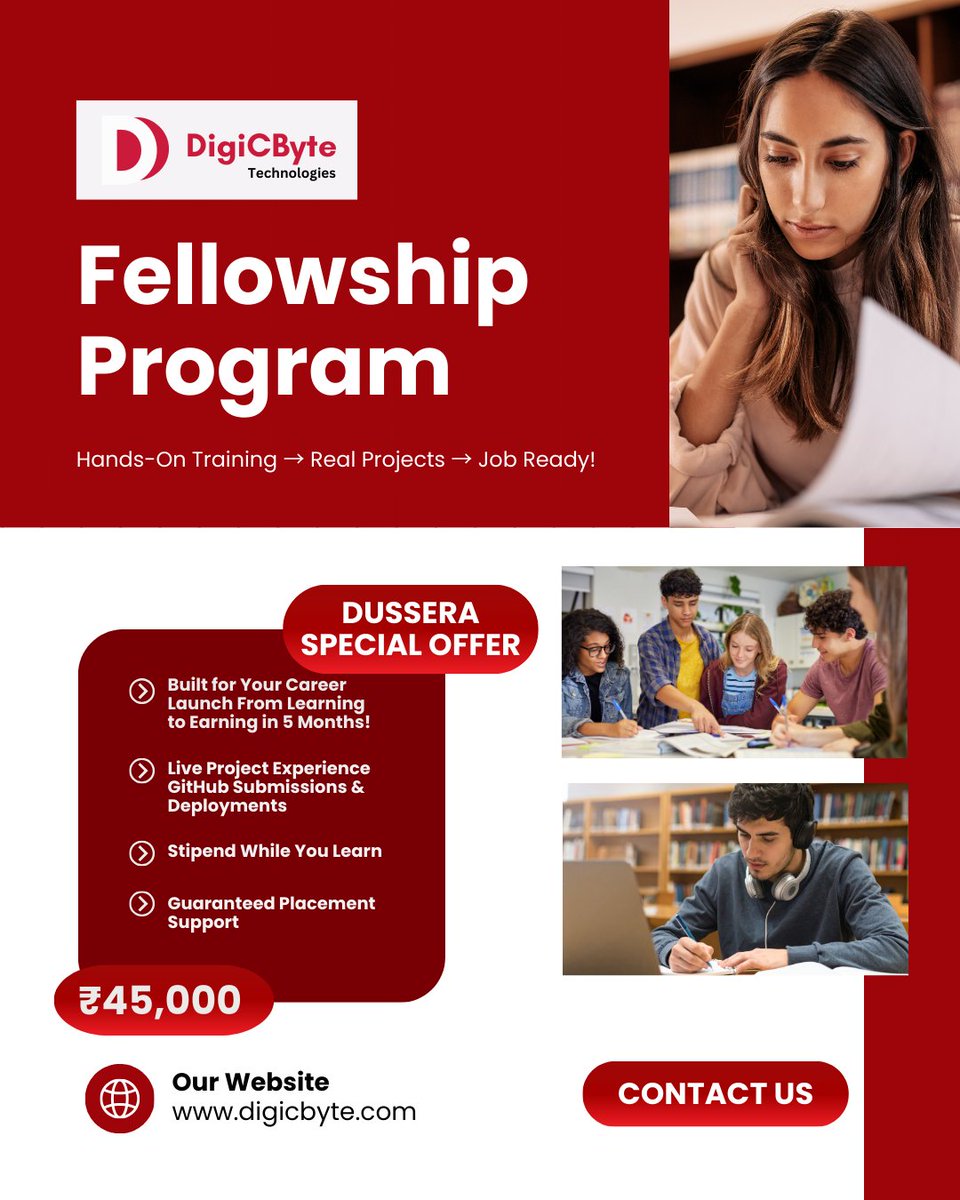 digicbyte_tech's tweet image. Ready to launch your career?
Join the DigiCByte Fellowship Program & go from Learning→ Real Projects→ Job-Ready in 5 months!
Dussehra Offer – ₹45,000!
Apply- forms.gle/2XWEwhRrRjNZCP…
#DigiCByteTechnologies #CareerLaunch #SkillDevelopment #JobReady #TechTraining