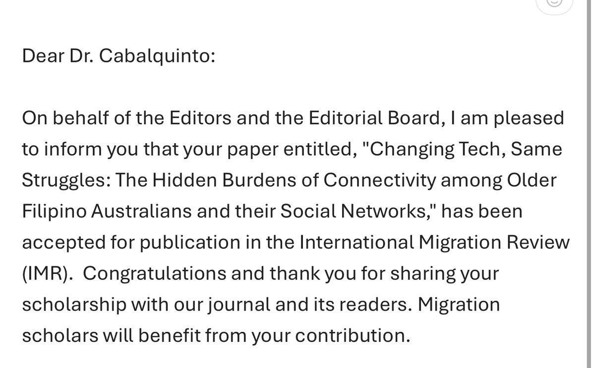 OUT SOON! My article is accepted for publication in the <a href="/IMRjournal/">International Migration Review (IMR)</a>. It's part of a Special Issue edited by Prof Rhacel Salazar Parreñas. It's also a publication based on my DECRA Fellowship funded by the Australian Research Council. #migration #ageing #digitalisation