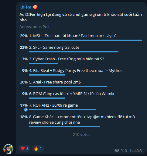 GM ae đầu tuần

Tháng 10 chơi game gì đó ae 

Dựa vào khảo sát tuần rồi tại group tele

Số lượng người chơi đông nhất hiện tại ở DIFGameFi là 

1. <a href="/MaplestoryU/">MapleStory Universe</a> 
2. <a href="/0xSunflowerLand/">Sunflower Land</a> 
3. <a href="/PlayAriaGame/">AriaAI</a> - OBT share pool 13m $ARIA
4. <a href="/Rohan2_Global/">R.O.H.A.N.2 Global</a> - 30/09 game chạy nha