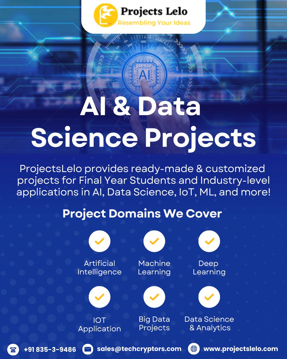 ProjectsLelo's tweet image. Final Year Project stress?
📞wa.me/918356839486
📩sales@projectslelo.com
🌐projectslelo.com
#FinalYearProject #StudentProjects #AIDataScience #MachineLearning #DeepLearning #IoTProjects #BigDataProjects #DataScienceAnalytics #FinalYearStudents #ProjectsLelo