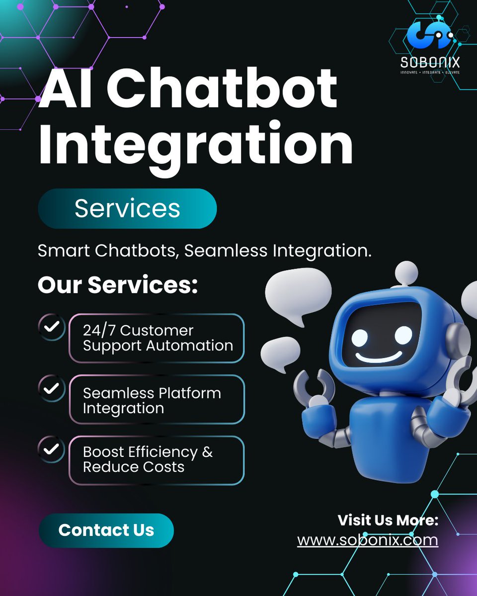 SobonixTech's tweet image. 🚀 Transform the way you connect with customers!
At Sobonix, we build intelligent AI Chatbot Integrations that deliver 24/7 support, boost engagement & drive business growth. bit.ly/4pQpnog
#AIChatbot #CustomerExperience #Sobonix #AIIntegration #FutureOfWork