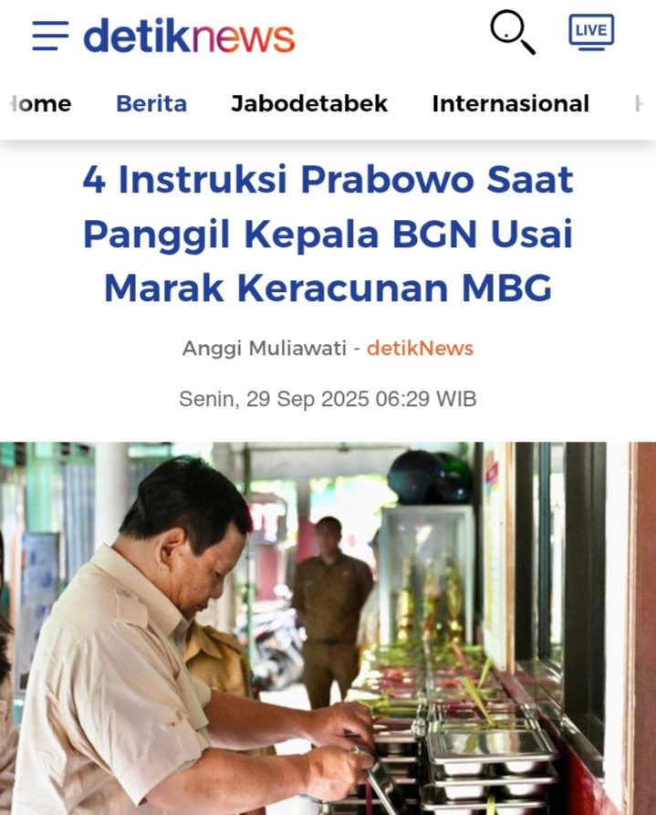 Tak ingin keracunan terulang di program MBG

4 instruksi Presiden <a href="/prabowo/">Prabowo Subianto</a> kpd Kepala BGN :

1. Perintahkan Peningkatan Tata Kelola
2. Koki Terlatih &amp; siapkan Alat Rapid Test
3. Perintahkan Jamin Sterilisasi
4. Pasang CCTV

MBG bukan program politik tetapi program keadilan sosial