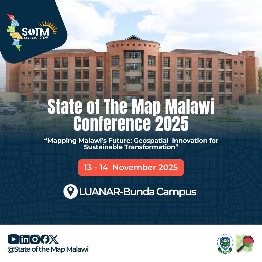 📢 Venue Confirmed!
The State of the Map Malawi Conference 2025 is happening at LUANAR–Bunda Campus, 13–14 Nov 2025.
Join us as we map Malawi’s future through geospatial innovation. 🌍
#SOTMMalawi2025 #MappingMalawi