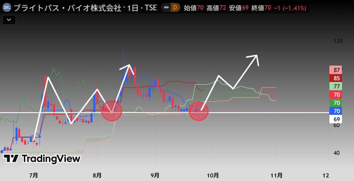 planet680's tweet photo. 来るぞ、大暴騰  そう断言できる銘柄は 【4594 ブライトパス・バイオ】株価 70円  正直この銘柄、 今までにないほど鮮明な 【上昇シグナルが点灯している】  過去に俺が堀田丸正で “17バガーを達成した時以上”の インパクトを見せる🔥 今がまさに仕込み時だ、 【イイネ＆ブクマ】で残しておけ https://t.co/hlKEcOKL7e