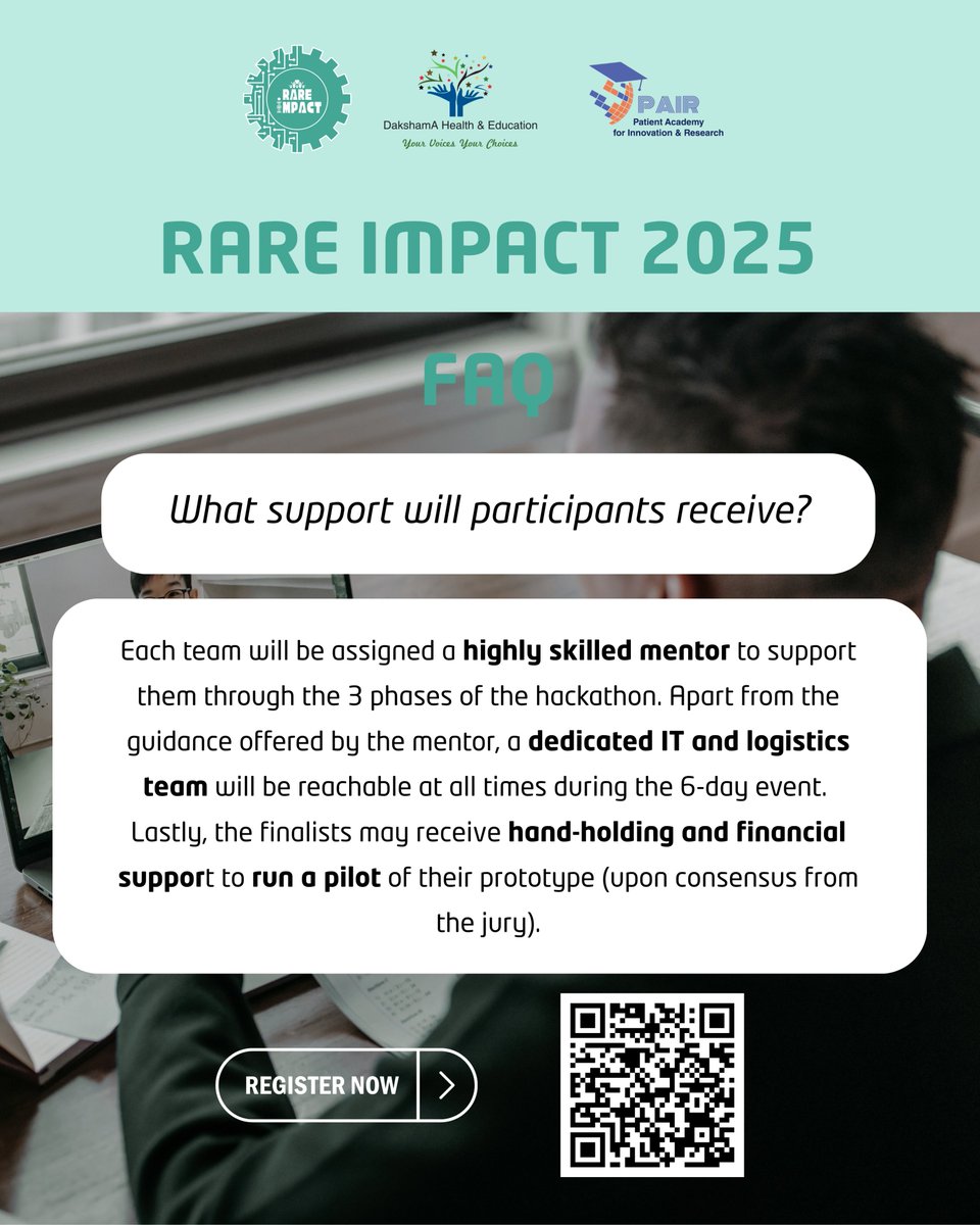 FAQ Spotlight!
Support at Every Step! 🚀
💡 Expert mentors in all 3 phases!
🖥️ IT + logistics support (24/6)!
🏆 Jury-approved finalists may get mentorship + funding to pilot prototypes!

Register now to participate: dakshamahealth.org/Hackathon.html