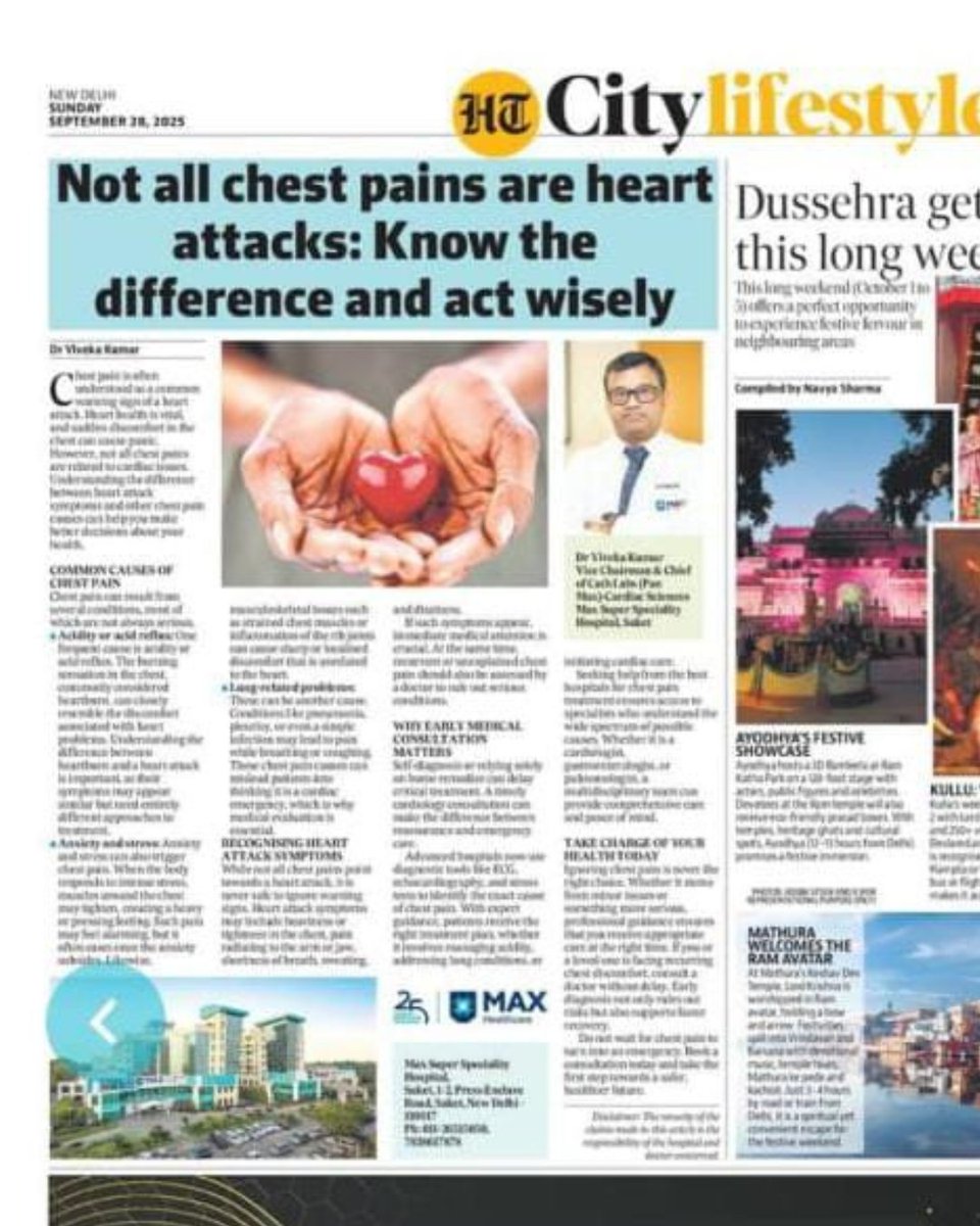 Dr_Vivekakumar's tweet image. Featured in HT City Lifestyle | Expert Insights by Dr. Viveka Kumar
Dr. Viveka Kumar, Chief – Cardiology at Max Super Speciality Hospital, Saket, shares his expert views in HT City Lifestyle (28th Sept 2025) on an important health topic:
#HTCity #HeartHealth #DrVivekaKumar #Max