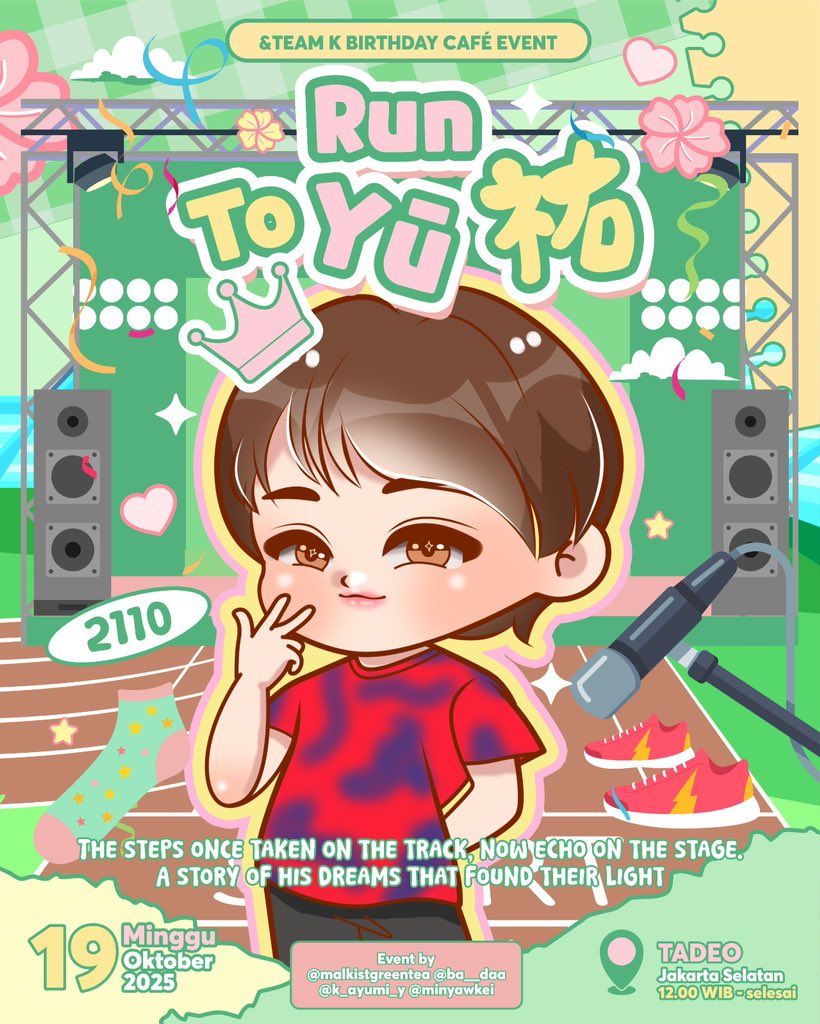 KTEAM_ID's tweet image. ꧁Run To Yū祐꧂

&amp;amp;TEAM K BIRTHDAY CAFÉ EVENT
by @malkistgreentea @ba__daa @k_ayumi_y @minyawkei 

Supported by @KTEAM_ID 

📍Tadeo, Jakarta Selatan
Details on poster!

Limited slots and RSVP only‼️
bit.ly/RSVPRunToYu

#Run_To_Yū_祐 
#HAPPY_K_DAY  
#andTEAM_K