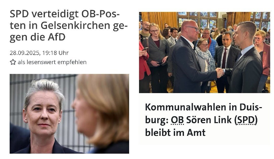Morgen☕
In Duisburg haben die Leute Angst vor kriminellen Jugendbanden, vor allem abends. In Gelsenkirchen herrscht die höchste Arbeitslosigkeit, eine Stadt im Niedergang. Und was wählen die Leute? SPD.. Da hört's bei mir auf. Vor so viel Dummheit kann man nur kapitulieren..