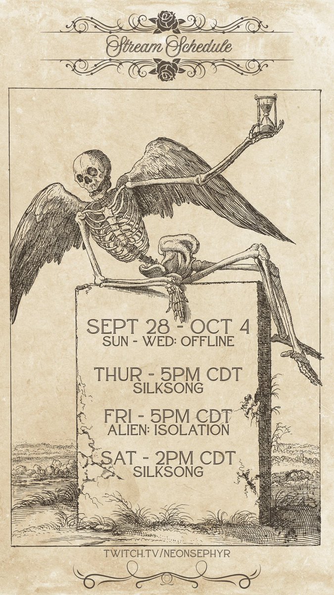 Schedule for the week (9/28-10/4)! Finished up Dishonored 2 last week, so I'll be starting ALIEN: ISOLATION this Friday! Super excited, but also horrified 🥴 
And then I'll be playing Silksong on Thursday &amp; Saturday  
Can't wait to see y'all this week! 💜  twitch.tv/neonsephyr
