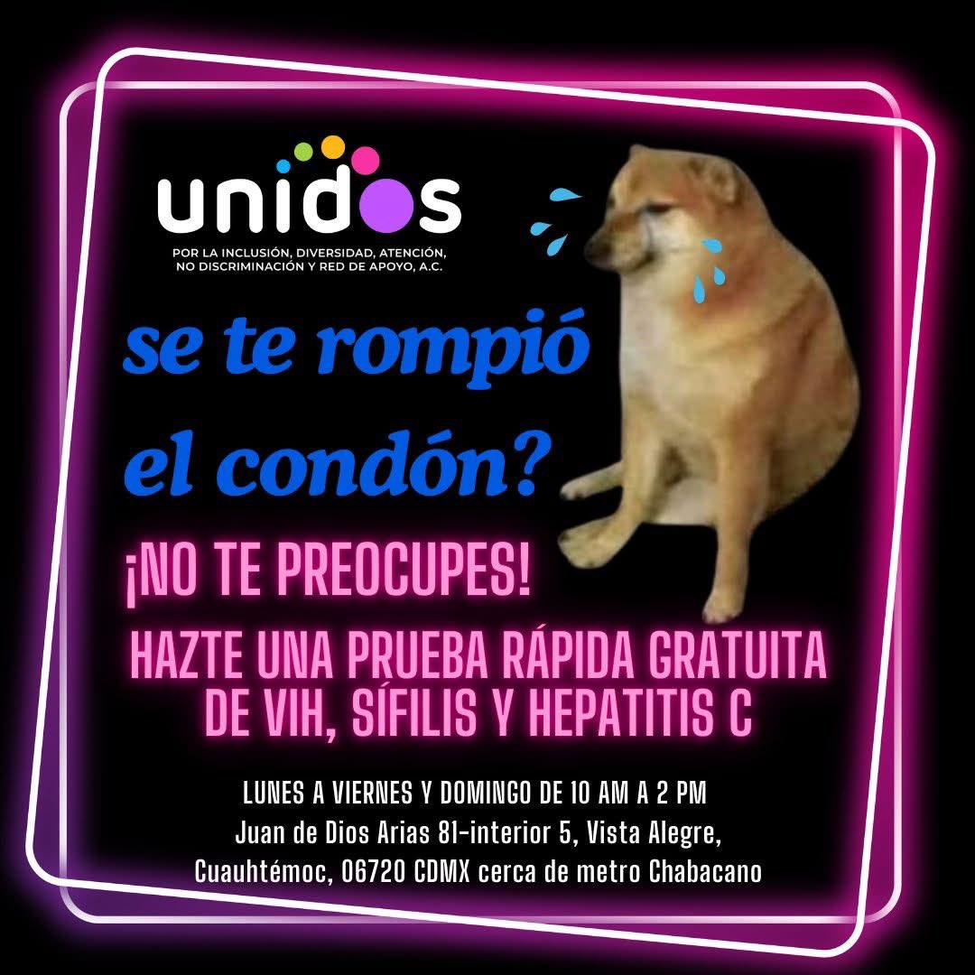 ¿Se rompió el condón? , ¿Te pidieron la prueba de amor y terminaron? , ¿tu ex te engañó? o ¿simplemente quieres hacerte un chequeo? ....

Te esperamos durante OCTUBRE de lunes a viernes o domingos, SIN CITA para hacerte pruebas de ITS.

*ayúdanos a compartir esta información para