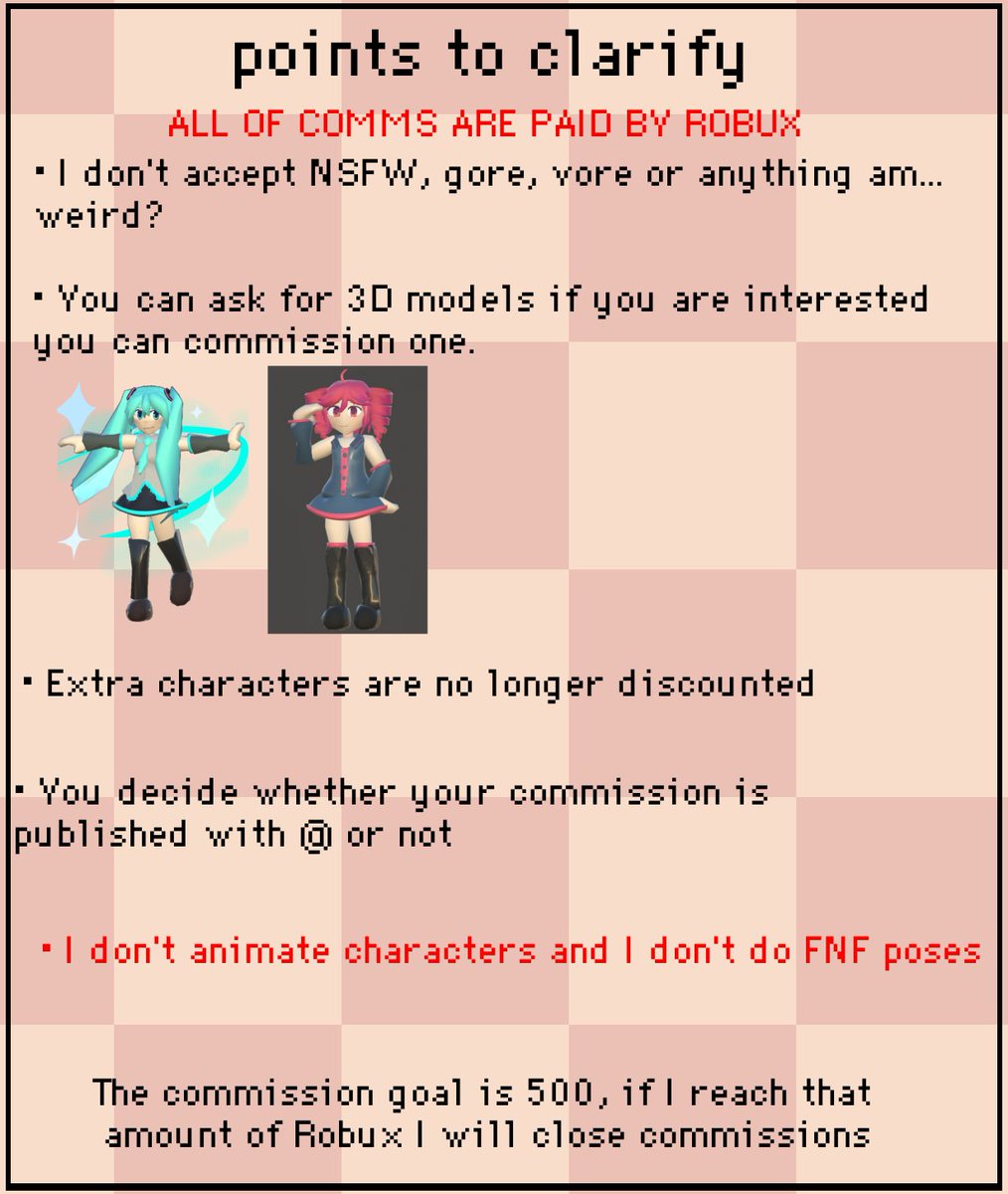 ROBUX COMISSIONS OPEN AGAIN!

For a short time only, so take advantage before the commissions close.

You can ask if there are any other styles of my previous commissions if you are interested!

Discord: sorenex1
#robuxcommissions #pixelart