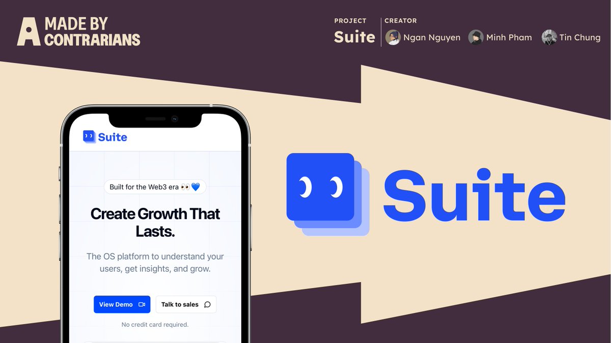 Please wellcome our MBC #01: Suite <a href="/GrowlySuite/">Suite</a> 

Suite is an AI-powered Customer Success engine that helps Web3 projects understand and engage users through user onchain insights.

Creators:
Ngan Nguyen <a href="/thiewnngan/">Ngan Nguyen</a>  
Minh Pham <a href="/pcminh0505/">Minh Pham</a> 
Tin Chung <a href="/chungquantin/">Tin</a> 

In