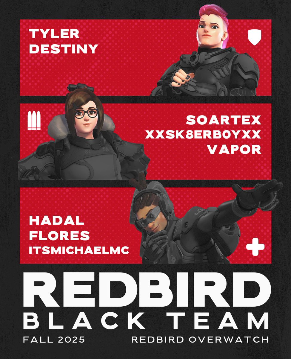 INTRODUCING YOUR FALL 2025 ACAD TEAM:
⬛️BLACK TEAM

🛡️TYLER
🛡️DESTINY
⚔️SOARTEX
⚔️XXSK8ERBOYXX
⚔️VAPOR
💉HADAL
💉FLORES
💉ITSMICHAELMC

our most professional team yet, we swear 🦾

cred to <a href="/drdeath_ow/">sean 🤕</a> for the graphic ♥️
#slobberknocker #imsoready #redbirdow