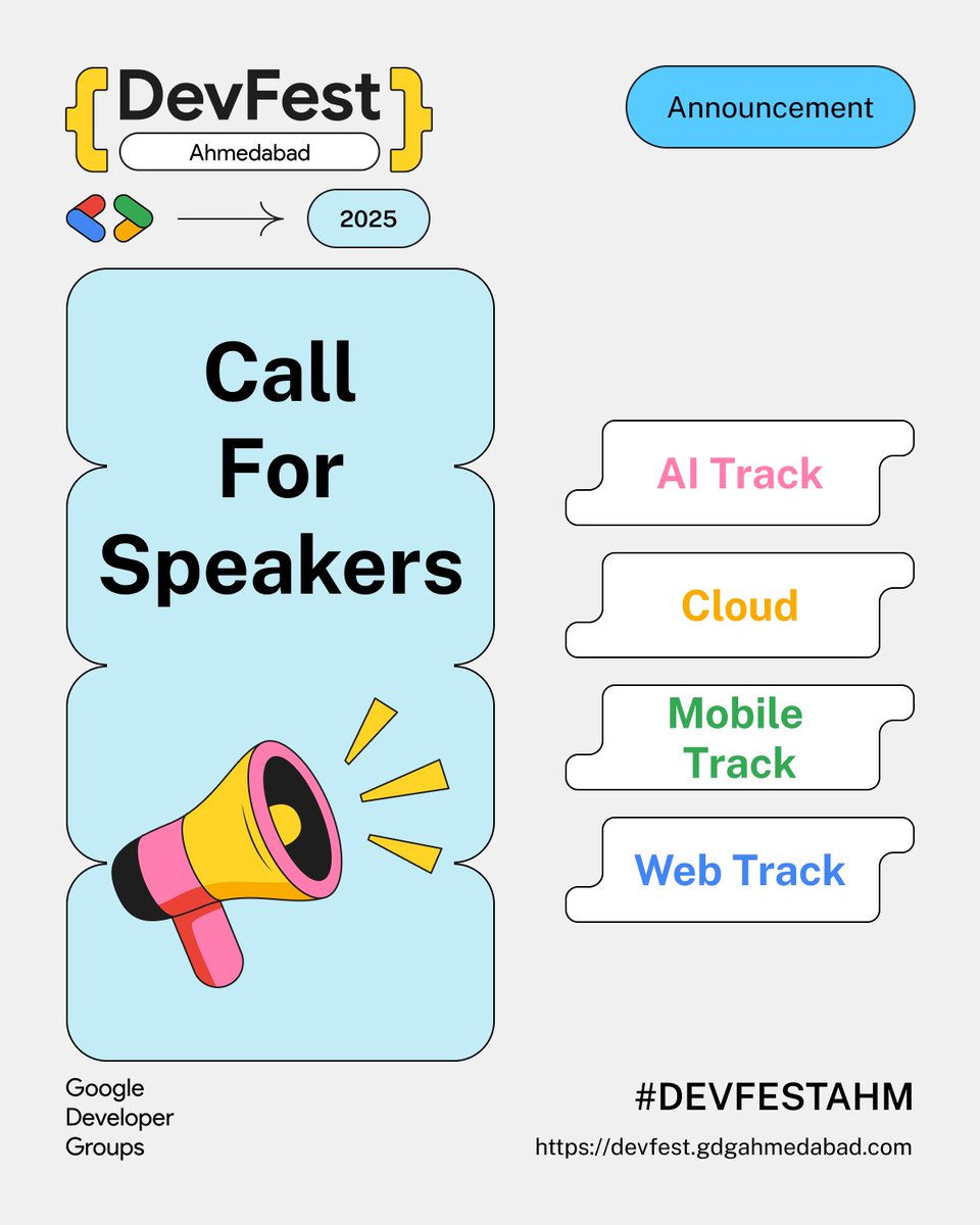GDGAhmedabad's tweet image. 📢 Talented experts, this is for YOU! 
Our CFP for GDG DevFest Ahmedabad 2025 is now LIVE! 
Share your insights on AI, Mobile, Web &amp;amp; more. 
Submit your talk &amp;amp; join us on 15th Nov 2025

🔗 devfest.gdgahmedabad.com

#GDGAhmedabad  #DevFestAhm  #DevFest2025  #GDG #Ahmedabad  #DevFest