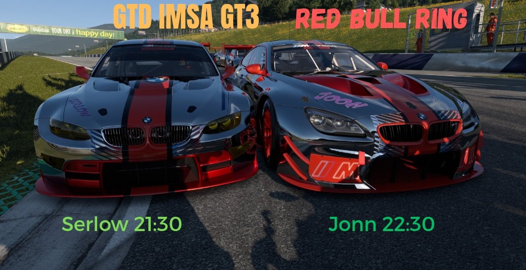 🏁 GTD IMSA GT3 – RED BULL RING 🏁
Esta noche rugen los motores en Austria 🇦🇹
Nuestros pilotos salen a pista:
🟢 Serlow – 21:30
🔵 Jonn – 22:30
¡Velocidad, estrategia y puro espectáculo en el Red Bull Ring! 🚀
#GT7 #IMSA #RedBullRing #SimRacing #NorrisHornMotorsport