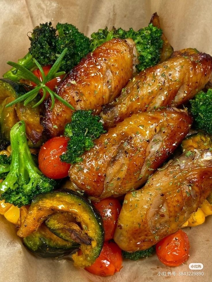 🍅🥦Golden roasted chicken wings seasoned to perfection, served with fresh broccoli, roasted pumpkin, and cherry tomatoes – flavorful and colorful. Would you like to try it?🍽️🥣🥢🍹