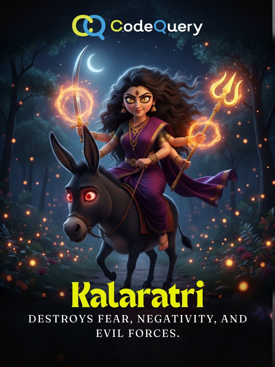 Codequery_'s tweet image. ✨ On Day 7 of #Navratri2025, we worship Maa Kalaratri, the fierce form of Durga who destroys fear, negativity, and evil forces. 🌌🔥
Her blessings give us strength, courage, and inner peace. 🙏✨
.
.
.
.
#MaaKalaratri #NavratriDay7 #GoodOverEvil #Shakti