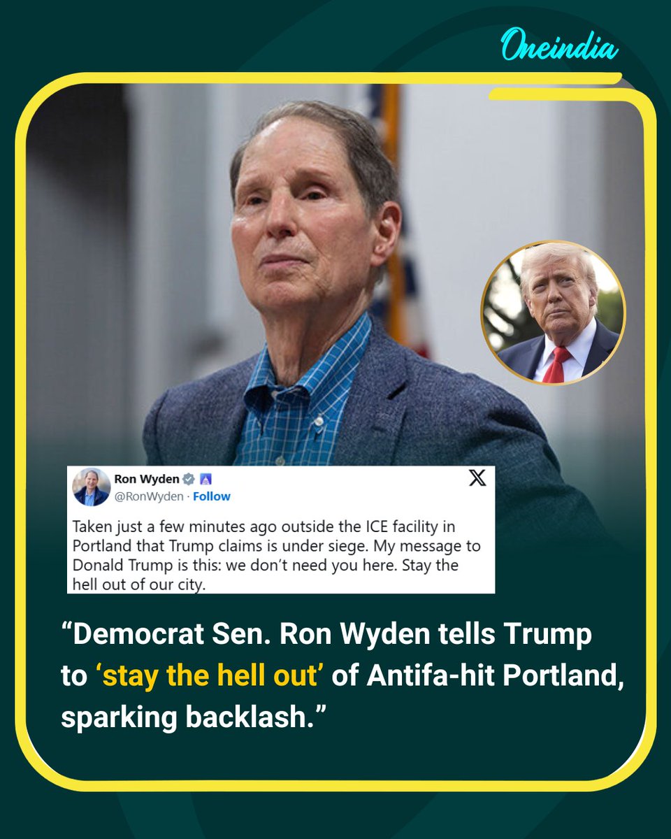 Oneindia's tweet image. Senator Ron Wyden faced criticism after bluntly telling former President Trump to “stay the hell out” of Portland, where protests and Antifa clashes have intensified. The remark has drawn strong reactions from both supporters and opponents.

#RonWyden #DonaldTrump