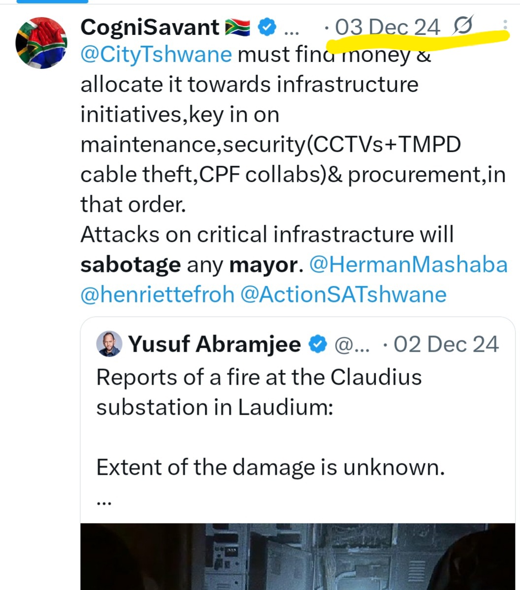 Thought Tshwane allocated hundreds of millions towards  security &amp; surveillance technology to help protect these substations?
Forgive my ignorance here but  what's the hold up?As the country gets closer to the local elections,more subs will blow up.

👇🏽Dec 2024 <a href="/HermanMashaba/">Herman Mashaba</a>,do