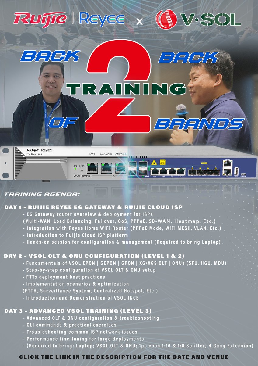 vsolution_fttx's tweet image. 📚 3-Day VSOL Solutions Training! Oct 8-9/11 (Luzon) &amp;amp; Oct 23-25 (Cebu). For ISPs, integrators &amp;amp; tech enthusiasts wanting to master FTTx/ISP deployment. Register now: vist.ly/48hsp 🚀 #VSOLTraining #FTTx #ISP #TechSkills
