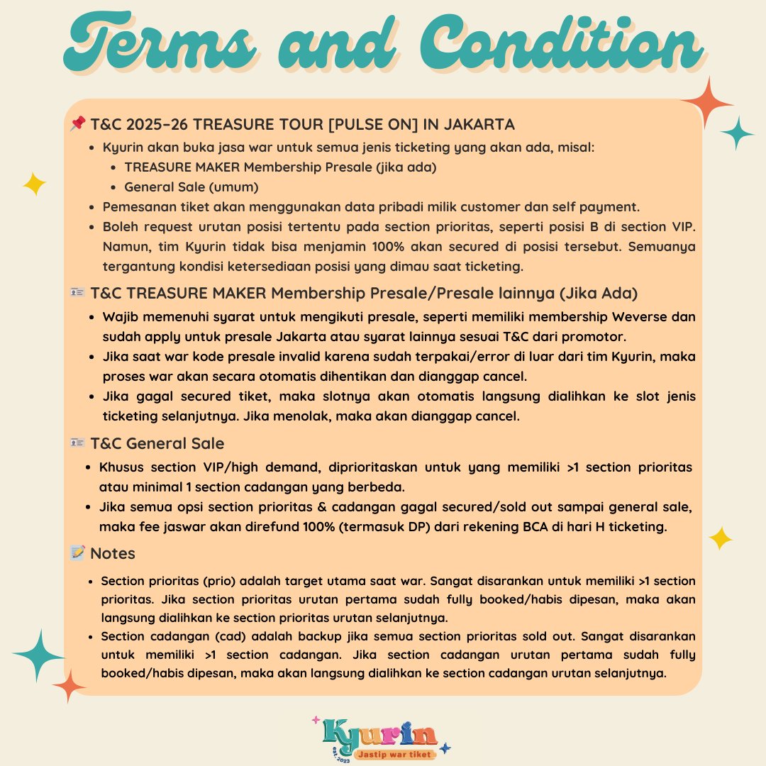 Open Jasa War Tiket
2025-26 TREASURE TOUR [PULSE ON] IN JAKARTA*

Fee: 250k-320k/tiket, DP 70k/tix
✅Data pribadi &amp; self payment
✅bit.ly/WinRate_ 92.45%
✅Full refund tanpa potongan DP

Form: bit.ly/TREASURE26_ (1 Oktober)
*Open request untuk Singapore, Bangkok,