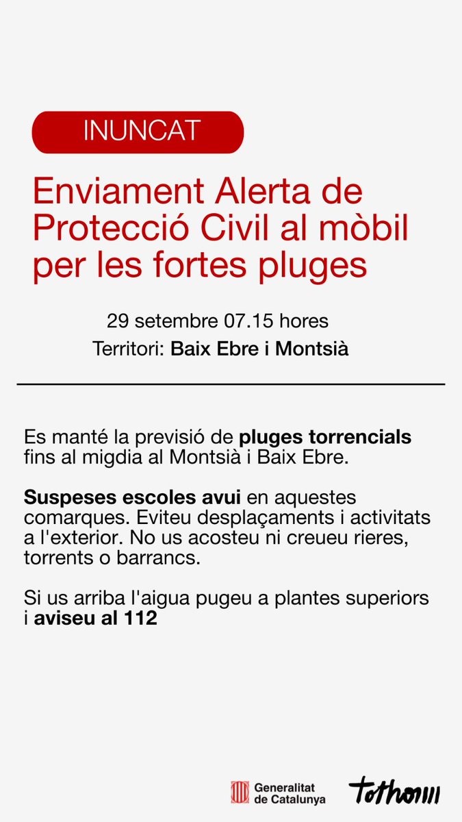 📲 Enviem una nova alerta de #ProteccióCivil als mòbils del Baix Ebre i Montsià 📍

- Suspeses les escoles
- Eviteu desplaçaments
- No us acosteu a zones inundables

#AlertaCat #INUNCAT a