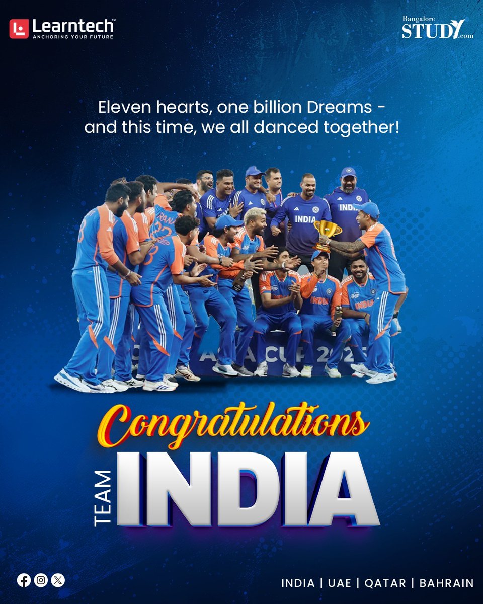 BangaloreStudy2's tweet photo. Champions of a Billion Dreams! 🇮🇳
Team India shines bright, uniting a nation with passion, pride, and pure cricketing brilliance.
Congratulations on a glorious victory!

#asiacup2025 #champions #teamindia #indiancricketteam #congratulations https://t.co/Xmw4KpUnRM