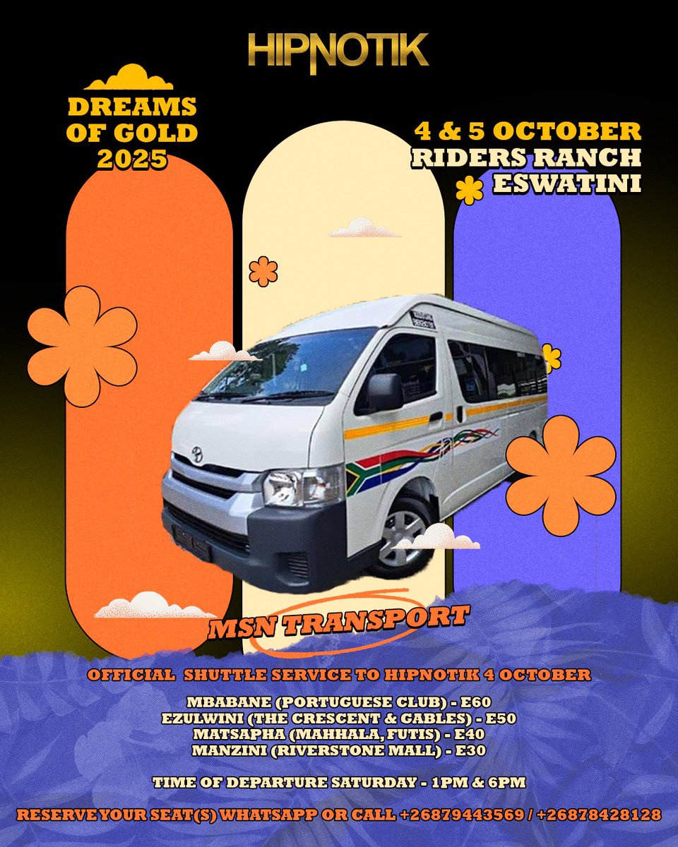 Need transport to #Hipnotik2025 at Riders Ranch? MSN Transport is the official shuttle service!  

Reserve your seat: (+268) 7944 3569

They will also provide a ride back!