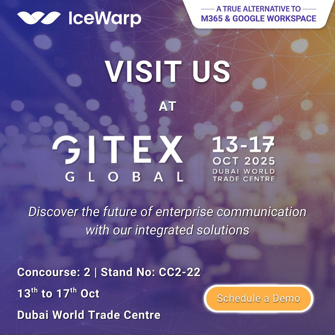 Join us at <a href="/gitex_global/">GITEX GLOBAL</a> from October 13th to 17th at Booth CC2-22!

Discover how #IceWarp is revolutionizing business communication &amp; collaboration with cutting-edge innovations

Claim your free passes by visiting gitex.icewarp.me

#GITEXGLOBAL #GITEXIMPACT