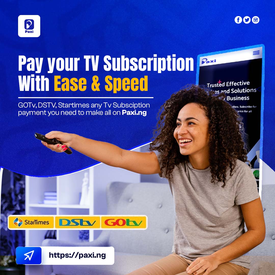 Officialpaxi's tweet photo. Never miss your favorite shows again! With https://t.co/5O2d5ow6wT, you can pay for your TV subscriptions (GOTV, DSTV, StarTimes) anytime, anywhere fast, easy, and reliable. 🚀✨
Stay connected, stay entertained with just a click.
#PaxiNg #TVSubscription #StayConnected https://t.co/V3TwJYr79U