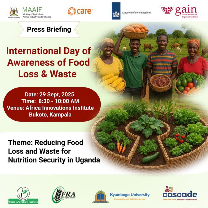 #Today is the International Day of Awareness of Food Loss &amp; Waste!

Join us for a Press Briefing on how we can reduce food loss and waste to strengthen nutrition security in Uganda.

📍 Africa Innovations Institute, Bukoto, Kampala
🕗 8:30 – 10:00 AM

#FoodSecurity #ZeroWaste
