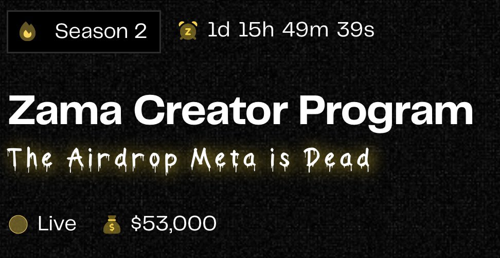 Un peu moins de 2 jours avant la fin de la saison 2. Le moment de ne pas lâcher. 🟨

On en entend d’ailleurs de + en + parler avec le TGE qui approche, et un nombre de tweet multiplié par 20 par rapport à la saison 1. 

Avec 130M de levée <a href="/zama_fhe/">Now @zama</a> à une valo de 1M, et un NFT qui