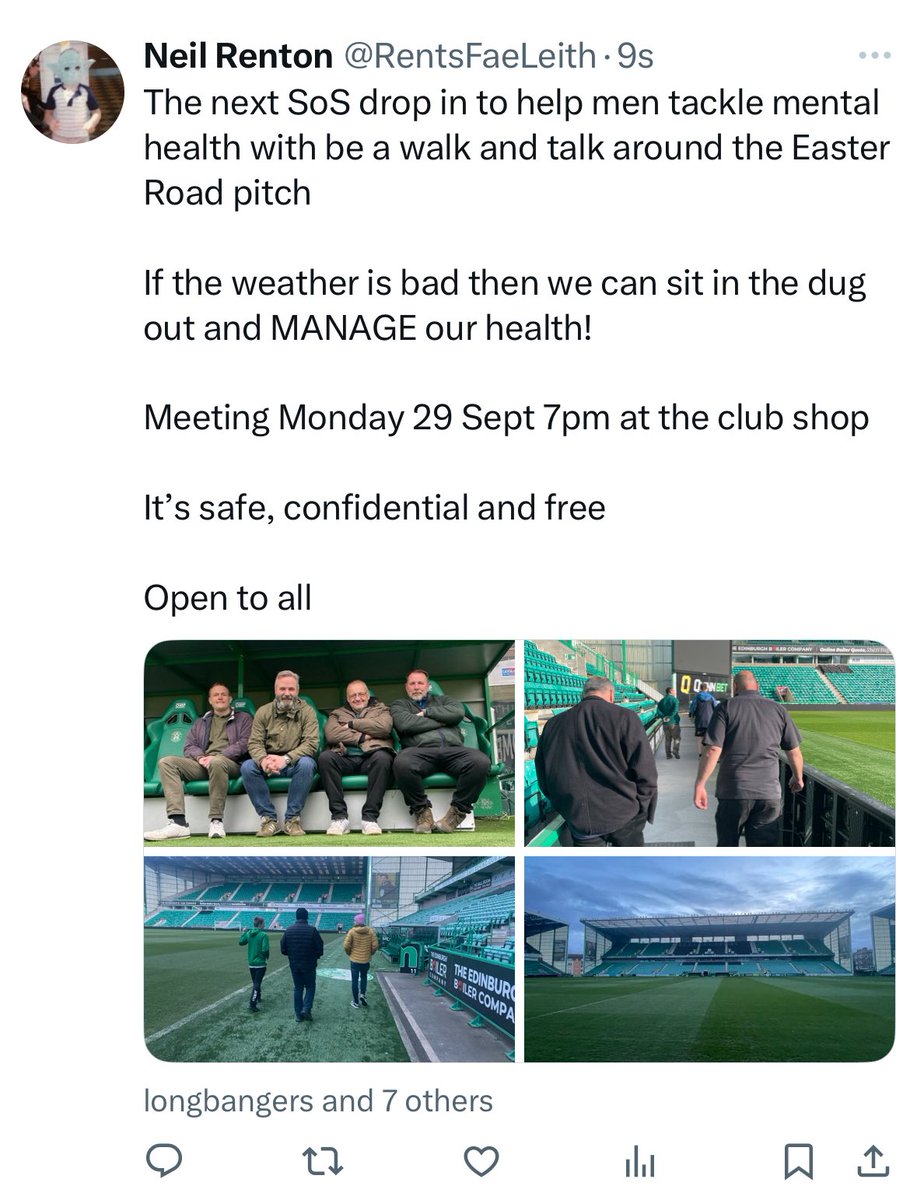 Reminder for the SoS drop in tonight - helping men tackle mental health through football 

Weather looking good for a walk and talk around the Easter Road pitch 

It’s open to fans of all clubs. Free, safe and confidential 

💚