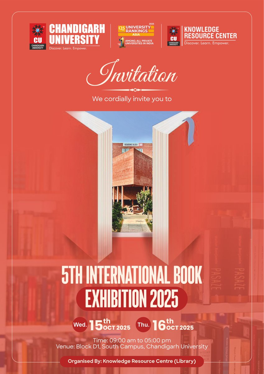KnowledgeResou5's tweet image. 📚✨#IBE2025 is here!

📅 15–16 Oct | ⏰ 9AM–5PM | 📍 D Block Corridor, CU
🌍 30+ national &amp;amp; international vendors
🎭 Competitions, performances &amp;amp; more!
Join us at Chandigarh University for this grand celebration of books &amp;amp; learning 🙌
#BookExhibition #LibraryEvents #CU