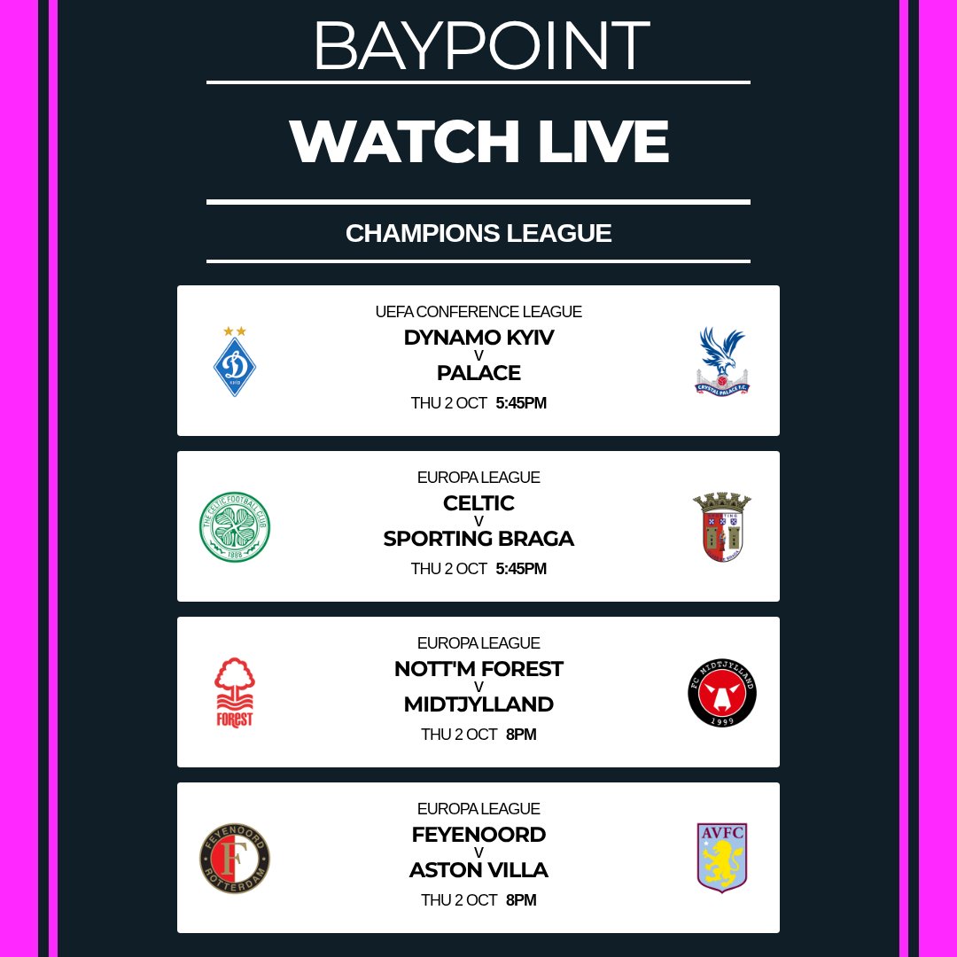 🌍⚽ Europa League LIVE this Thursday at Baypoint! ⚽🌍
Catch every match, every moment on our multiple screens.
🍻 Bar open all evening with 10% off for members

Bring your mates, grab a drink, and let’s make Thursday night football unforgettable! 🙌

#Baypoint #EuropaLeague