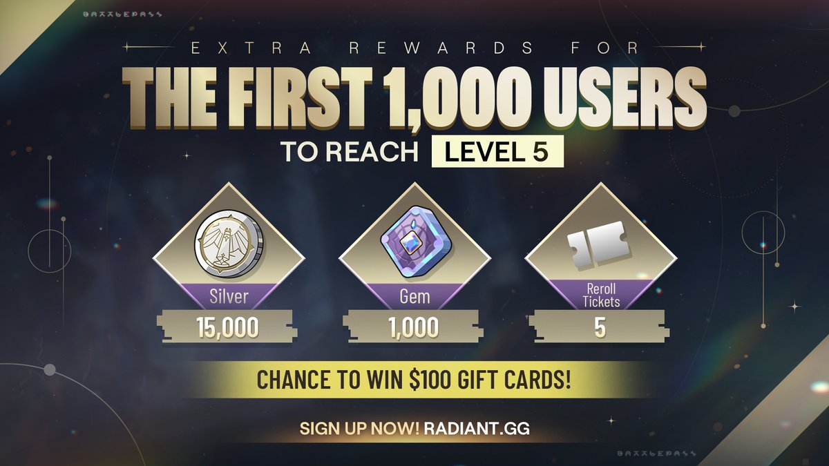 🏆 Race to Level 5

Be among the first 1,000 players to reach Level 5 and claim:
🔹 15,000 Silver
🔹 1,000 Gems
🔹 5 Re-Roll Tickets

Plus, every qualifier is entered to win $100 gift cards.
