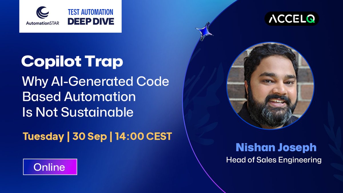 ACCELQ's tweet image. We&apos;re thrilled to announce that our very own Nishan Joseph, Head of Sales Engineering at ACCELQ, will be a featured speaker at AutomationSTAR Test Automation Deep Dive Event
 
Learn more here: lnkd.in/dJHtnuWn

#TestAutomation #AutomationSTAR #ACCELQ @AutomationConf