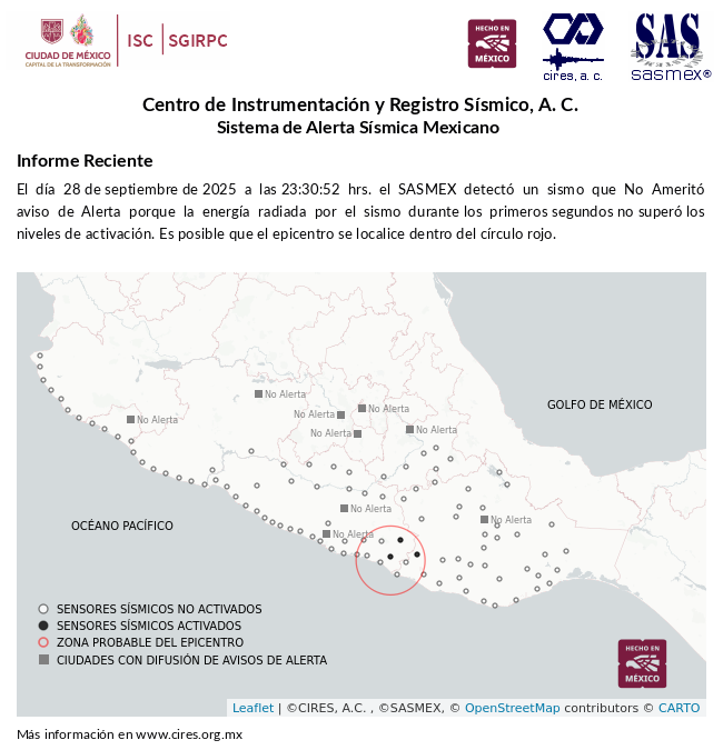 SASMEX's tweet photo. Informe preliminar del #Sismo detectado el 28-sep-25 a las 23:30:52 hrs.  #TenemosSismo #LaPrevenciónEsNuestraFuerza https://t.co/YcIDnHUWgs