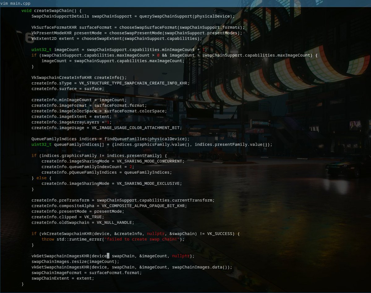 MamoonARahman's tweet image. Day 11: #Vulkan
Things are progressing fast now 🏎️
Competed Presentation section and also started Graphics Pipeline section of 'Draw a Triangle'
Chapters:
Presentation: ✅Window surface, ✅Swap chain, ✅Image Views
Graphics Pipeline: ✅Shaders
#GraphicsProgramming #GameDev