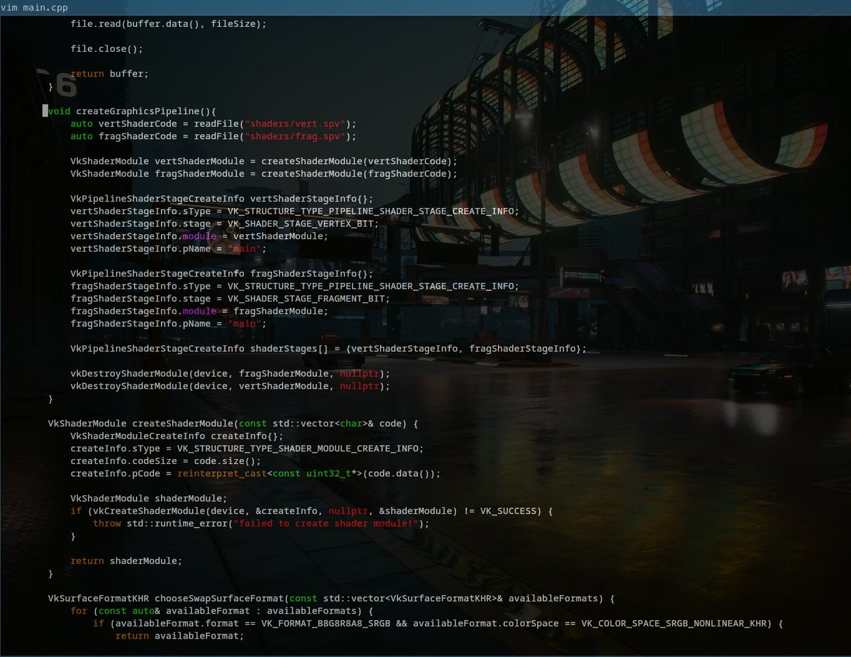 MamoonARahman's tweet image. Day 11: #Vulkan
Things are progressing fast now 🏎️
Competed Presentation section and also started Graphics Pipeline section of 'Draw a Triangle'
Chapters:
Presentation: ✅Window surface, ✅Swap chain, ✅Image Views
Graphics Pipeline: ✅Shaders
#GraphicsProgramming #GameDev